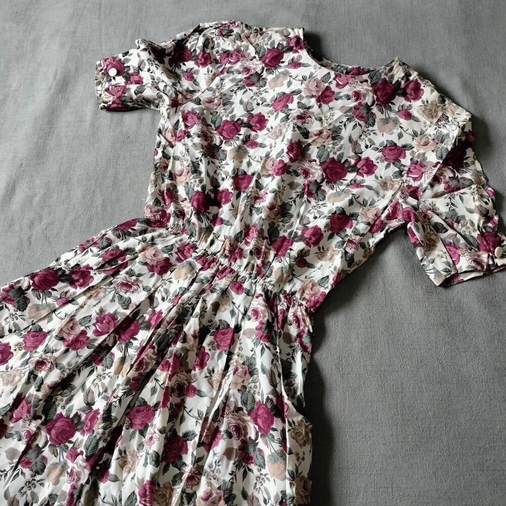 Vintage 80's  Dana Rose Floral Puff Sleeve Long Dress 6 S Cottagecore Pockets
